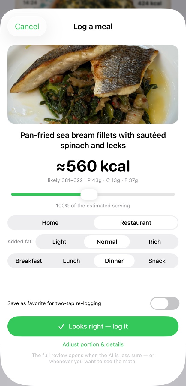 Quick confirm: ≈560 kcal, likely 381–622, save as favorite toggle, and the green Looks right — log it button