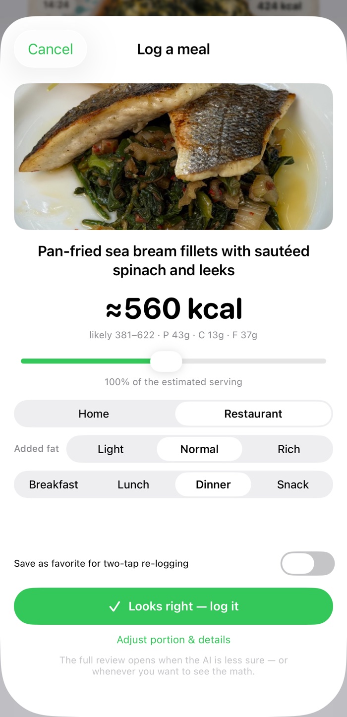 BuonApp reading a real dinner: pan-fried sea bream fillets, ≈560 kcal, likely 381–622, with macros and a Looks right, log it button