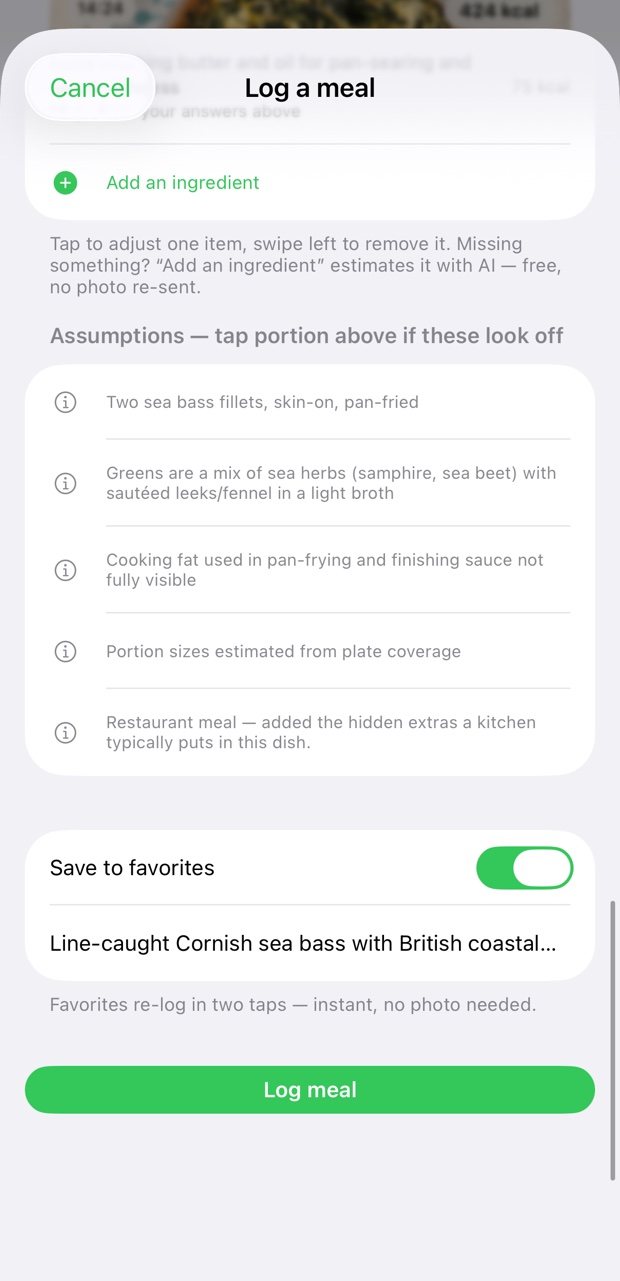 The full review's assumptions list: two sea bass fillets skin-on and pan-fried, sea herbs named as samphire and sea beet, cooking fat not fully visible flagged, portion sizes estimated from plate coverage, restaurant extras added — with Save to favorites on and the dish named