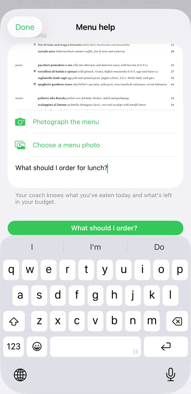 A photographed restaurant menu with the typed question: what should I order for lunch?