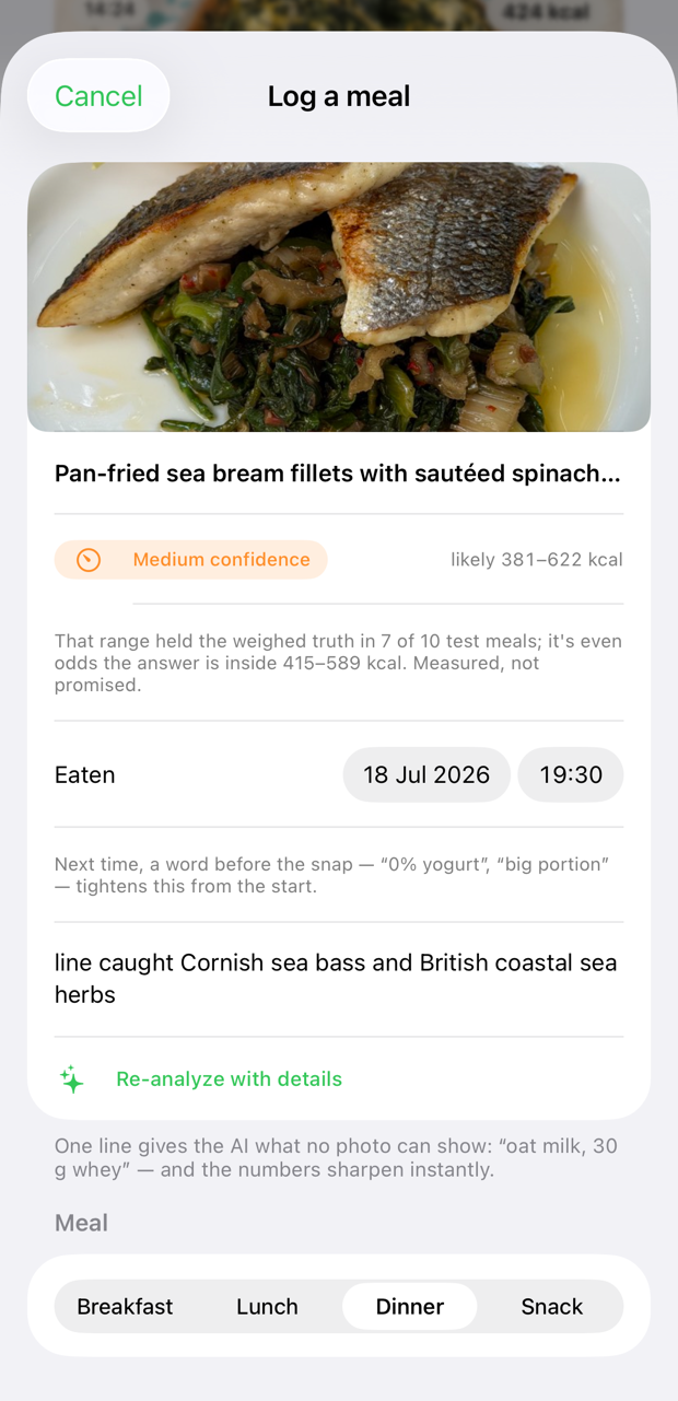The full review with a menu line typed in — line caught Cornish sea bass and British coastal sea herbs — the Re-analyze with details button, a Medium confidence badge with likely 381–622 kcal, the footnote stating that range held the weighed truth in 7 of 10 test meals with even odds inside 415–589, and the Eaten date row
