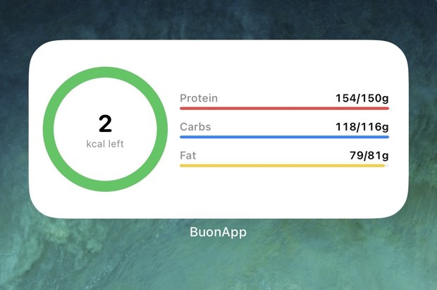 The home-screen widget on the same day: 2 kcal left with the same macro bars — 154 of 150 g protein, 118 of 116 g carbs, 79 of 81 g fat